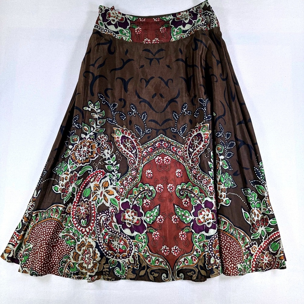 Coldwater Creek Brown Silk Paisley Floral Maxi Skirt Size M H24563